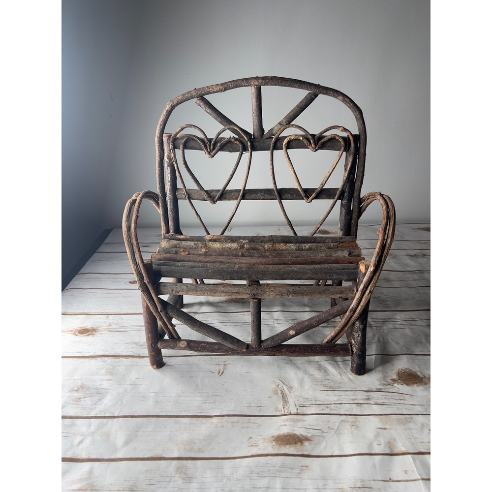 Adirondack Style Miniature Twig Bench Brown Rustic Heart 15in